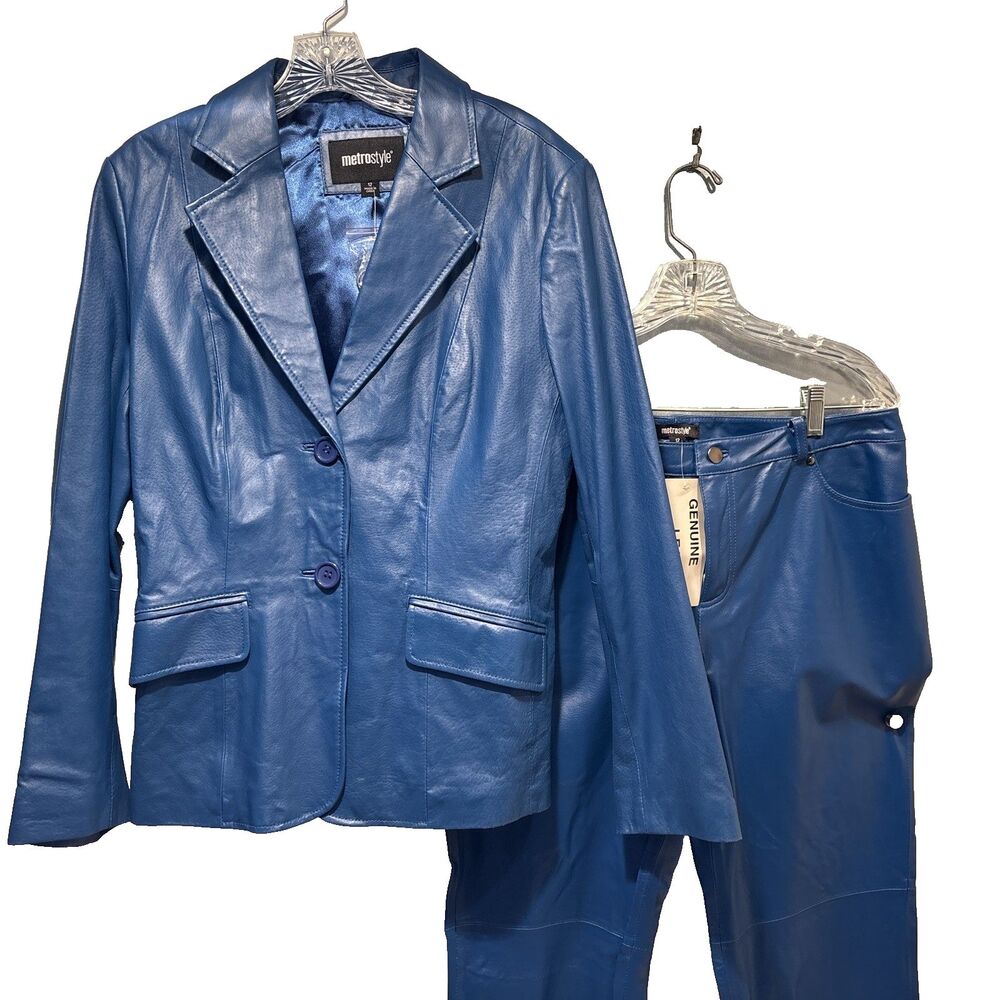 NWT Vintage Y2K Metrostyle Blue Genuine Leather 2-Piece Blazer & Pants Suit Set